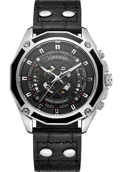 03 Forsınıng Erkek Saati Basit Mekanik Hareket Mekanik Saat Düzensiz Şekil Kemer Bilek Saati Siyah Saat (Yurt Dışından)