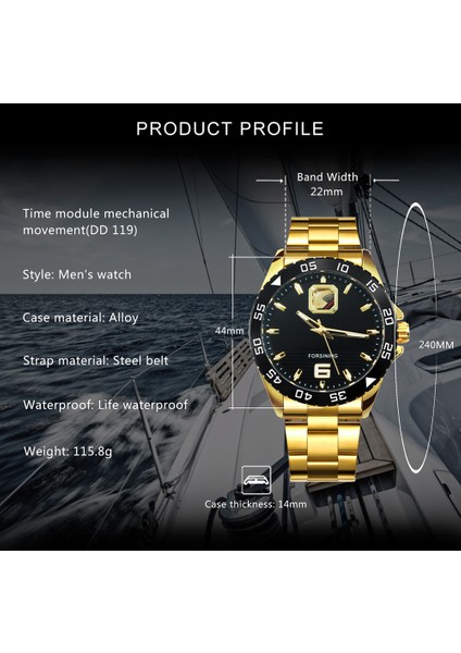 Bo Sıyah Altın Forsınıng Altın Erkek Saatler Üst Marka Lüks Otomatik Mekanik Izle Erkekler Çelik Kayış Kraliyet Iş Saati Reloj Hombre 2020 (Yurt Dışından) modelleri