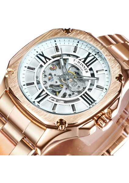 Gül Altın Beyaz Kazanan Mekanik Erkek Saatler Top Marka Lüks 2021 Otomatik Izle Erkekler Gül Altın Çelik Kayış Kare Bilek Saatleri (Yurt Dışından)