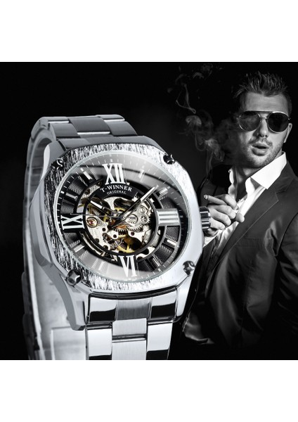 Gül Altın Beyaz Kazanan Mekanik Erkek Saatler Top Marka Lüks 2021 Otomatik Izle Erkekler Gül Altın Çelik Kayış Kare Bilek Saatleri (Yurt Dışından) indirimleri