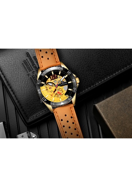 06 Forsınıng Erkek ve Kadın Saatleri Içi Boş Tırnak Terazisi Mekanik Saat Dişli Yuvarlak Turuncu Kayış Kol Saati Siyah Saat (Yurt Dışından) indirimleri