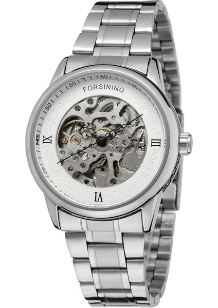 Gümüş Forsınıng Basit Rüzgar Mekanik Saat Gümüş Siyah Içi Boş Dairesel Mekanik Hareket Saati Çelik Bant Erkek ve Kadın Saati (Yurt Dışından)