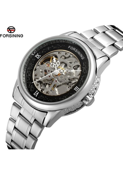Gümüş Forsınıng Basit Rüzgar Mekanik Saat Gümüş Siyah Içi Boş Dairesel Mekanik Hareket Saati Çelik Bant Erkek ve Kadın Saati (Yurt Dışından) fiyatları