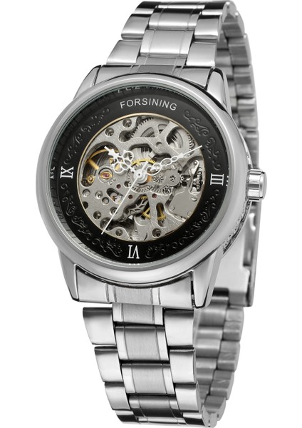 Gümüş Forsınıng Basit Rüzgar Mekanik Saat Gümüş Siyah Içi Boş Dairesel Mekanik Hareket Saati Çelik Bant Erkek ve Kadın Saati (Yurt Dışından) modelleri