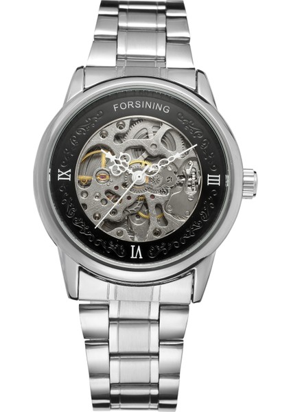 Gümüş Forsınıng Basit Rüzgar Mekanik Saat Gümüş Siyah Içi Boş Dairesel Mekanik Hareket Saati Çelik Bant Erkek ve Kadın Saati (Yurt Dışından) fırsatları