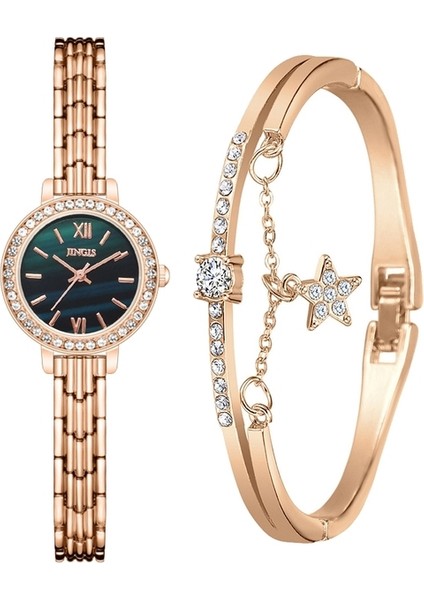 Rg Yeşil Set 2 Adet Kadın Bilezik Saatler Set Lüks Gül Altın Çelik Bant Kol Saati Kuvars Izle Kadınlar Için Moda Kristal Saat Reloj Mujer (Yurt Dışından)