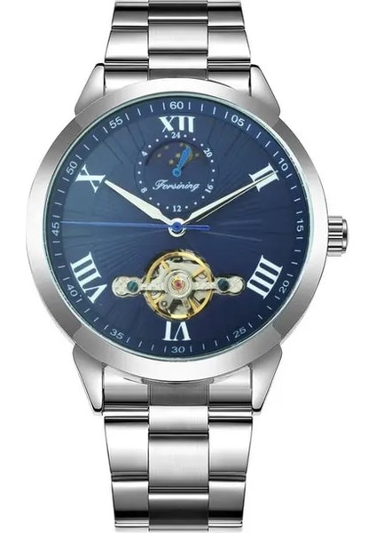 Gümüş Mavı Tourbillon Erkek Izle Otomatik Mekanik Saatler Erkekler Için Üst Marka Lüks Paslanmaz Çelik Kayış Ay Fazı Orologio Uomo Hediye (Yurt Dışından)