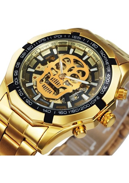 Altın Sıyah Altın Kazanan Resmi Erkek Saatler Top Marka Lüks Otomatik Mekanik Izle Erkekler Çelik Kayış Hip Hop Kafatası Iskeleti Dial Bilek Izle (Yurt Dışından)