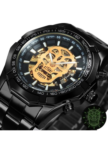 Altın Sıyah Altın Kazanan Resmi Erkek Saatler Top Marka Lüks Otomatik Mekanik Izle Erkekler Çelik Kayış Hip Hop Kafatası Iskeleti Dial Bilek Izle (Yurt Dışından) indirimleri
