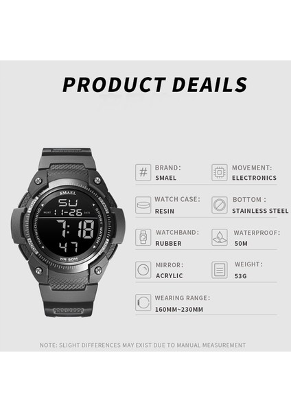 Siyah Erkek Saatler Dijital Smael Izle Su Geçirmez LED Saat Alarm Reloj Hombre Kronometre Siyah Kol Saati 1335 Spor Saatler Dijital (Yurt Dışından)