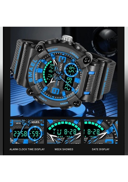 Siyah Mavi Askeri Izle Ordu Spor 50 M Su Geçirmez Büyük Kadran Saat LED Işık Hafta Ekran Kuvars Kol Saati Dijital 8052 Spor Saatler Erkekler (Yurt Dışından) fırsatları