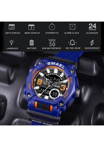 Siyah Mavi Askeri Izle Ordu Spor 50 M Su Geçirmez Büyük Kadran Saat LED Işık Hafta Ekran Kuvars Kol Saati Dijital 8052 Spor Saatler Erkekler (Yurt Dışından) indirimleri