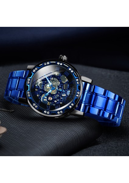 Blu Sılv Blu Blk Kazanan Şeffaf Mekanik Izle Erkekler Için Moda Elmas Aydınlık Erkek Saatler Üst Marka Lüks Çelik Kayış Unisex (Yurt Dışından)
