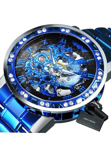 Bo-A Be-Sıl-Be-Blk Kazanan Şeffaf Elmas Mekanik Saat Mavi Paslanmaz Çelik Erkek Saatler Üst Marka Lüks Iş Moda Stil (Yurt Dışından)