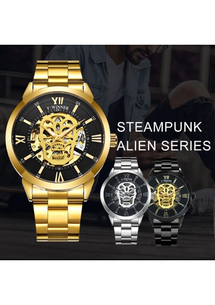 Altın Beyaz Kazanan Askeri Otomatik Mekanik Izle Erkekler Için Lüks Kafatası Adam Kol Saatleri Paslanmaz Çelik Kayış Reloj Hombre (Yurt Dışından) fırsatları