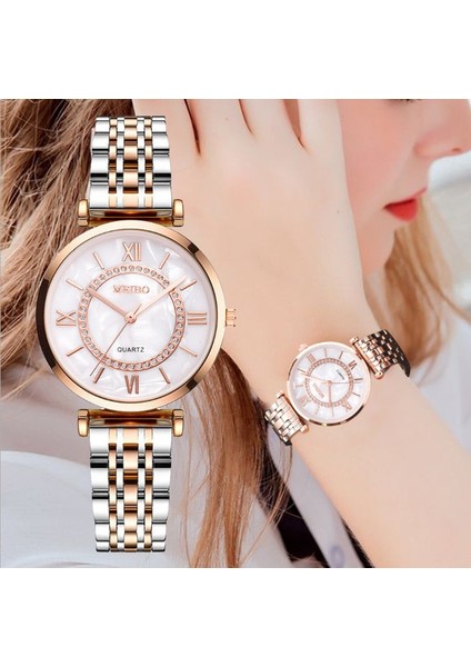 Pembe Altın Yeni Relogio Feminino Gül Altın Paslanmaz Çelik Bilezik Izle Kadın Moda Kuvars Saatler Elmas Bayanlar Saat Zegarek Damski (Yurt Dışından)