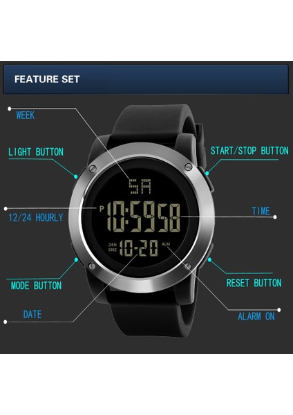 Gümüş Moda Su Geçirmez Erkek Erkek LCD Dijital Kronometre Tarih Kauçuk Spor Kol Saati Erkekler Часы Мужские Erkek Kol Saati Reloj Dijital (Yurt Dışından)