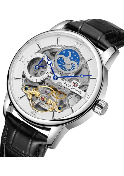 Gümüş Forsining Mekanik Saatler Erkek Kişilik Eğlence Içi Boş Güneş ve Ay Volan Otomatik Mekanik Saat Kol Saati Mecha (Yurt Dışından)