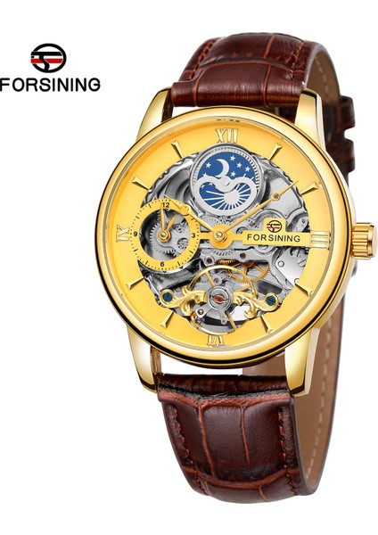 Gümüş Forsining Mekanik Saatler Erkek Kişilik Eğlence Içi Boş Güneş ve Ay Volan Otomatik Mekanik Saat Kol Saati Mecha (Yurt Dışından) fiyatları