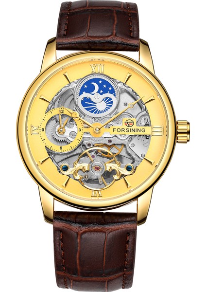 Gümüş Forsining Mekanik Saatler Erkek Kişilik Eğlence Içi Boş Güneş ve Ay Volan Otomatik Mekanik Saat Kol Saati Mecha (Yurt Dışından) modelleri