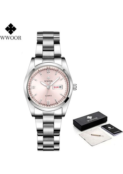 Beyaz Pembe Kutu Montre Femme Wwoor 2022 Altın Izle Kadın Saatler Paslanmaz Çelik Moda Bayanlar Bilezik Saatler Elbise Su Geçirmez Kadın Saat (Yurt Dışından)