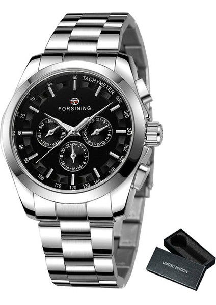 Bo G Gümüş Siyah Forsining Siyah Iş Mekanik Izle Erkekler Otomatik 3 Alt Kadran Tarih Altın Çelik Band Elbise Kol Saati Saat Saat Reloj (Yurt Dışından)