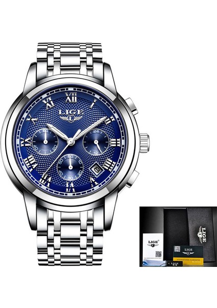 Gümüş Mavi Çelik Lıge Lüks Aydınlık Saat Erkekler Için Su Geçirmez Paslanmaz Çelik Analog Kol Saati Chronograph Tarih Kuvars Izle Reloj Hombre (Yurt Dışından)