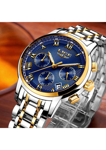 Gümüş Mavi Çelik Lıge Lüks Aydınlık Saat Erkekler Için Su Geçirmez Paslanmaz Çelik Analog Kol Saati Chronograph Tarih Kuvars Izle Reloj Hombre (Yurt Dışından)