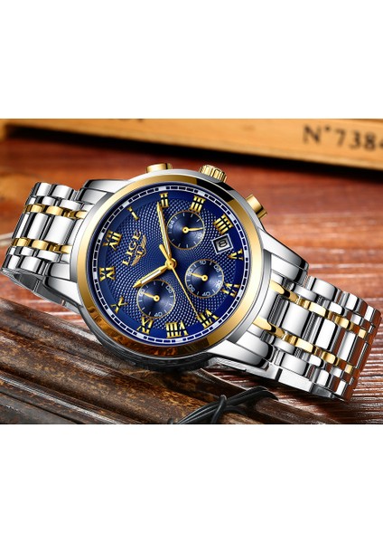 Gümüş Mavi Çelik Lıge Lüks Aydınlık Saat Erkekler Için Su Geçirmez Paslanmaz Çelik Analog Kol Saati Chronograph Tarih Kuvars Izle Reloj Hombre (Yurt Dışından)
