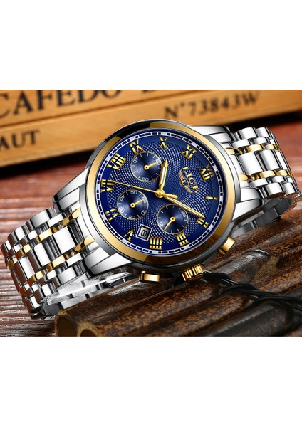 Gümüş Mavi Çelik Lıge Lüks Aydınlık Saat Erkekler Için Su Geçirmez Paslanmaz Çelik Analog Kol Saati Chronograph Tarih Kuvars Izle Reloj Hombre (Yurt Dışından)