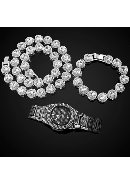 3 Parça Set Buzlu Out Izle Bilezik Kadınlar Için Hip Hop Erkekler Takı Kristal Kalp Tenis Küba Link Zinciri Bilezik Saat Seti Doğum Günü Hediyesi (Yurt Dışından)