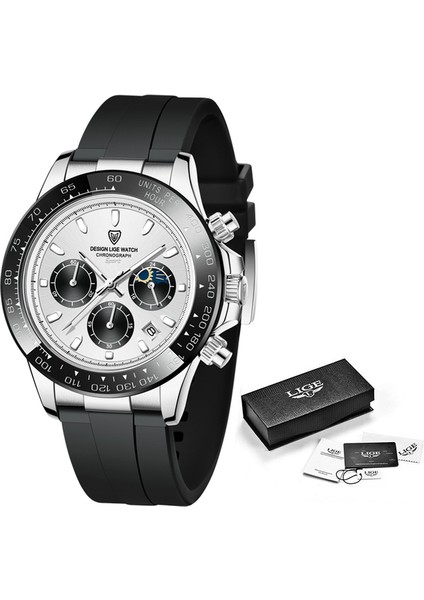 Gümüş Siyah Lıge Erkekler Izle Lüks Saatler Erkek Chronograph Kol Saatleri Erkekler Için Moda Su Geçirmez Kuvars Izle Spor Saat Reloj Hombre + Kutu (Yurt Dışından)