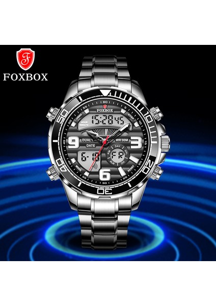 Gümüş Yeşil Lıge Moda Foxbox Çift Ekran Erkek Saatler Paslanmaz Çelik Spor Kol Saati Erkekler Için Su Geçirmez Tarih Saat Relogio Masculino