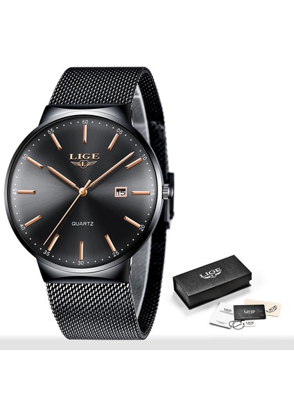 Siyah Gül Altın 2023 Erkek Moda Iş Takvimi Saatler Erkekler Lüks Mavi Paslanmaz Çelik Hasır Kemer Analog Kuvars Izle Relogio Masculino (Yurt Dışından)