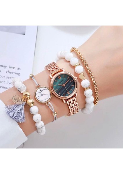 Altın 1 5 Adet Kadın Saatler Set Yeni Gül Altın Yeşil Bayanlar Bilezik Izle Kol Saati Bayan Kuvars Elbise Saat Bayanlar Feminino Reloj (Yurt Dışından)