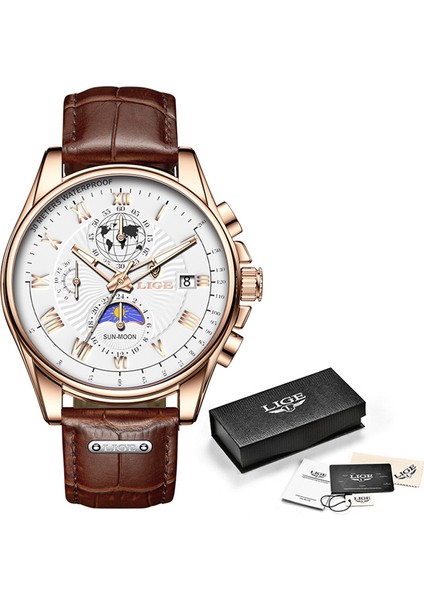 Gül Altın Beyaz 2022 Lıge Erkek Saatler Üst Marka Lüks Moda Kuvars Izle Erkek Deri Tarih Su Geçirmez Spor Chronograph Relogio Masculino + Kutu (Yurt Dışından)