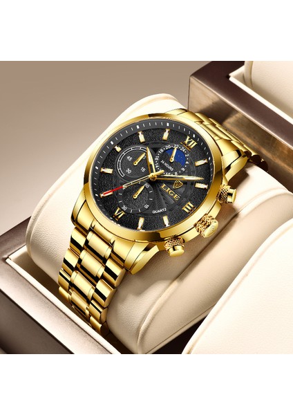 Altın Siyah Lıge Saatler Erkek Üst Marka Lüks Quarzt Saat Rahat 24 Saat Ay Evreleri Erkekler Izle Spor Su Geçirmez Saatler Relogio Masculino (Yurt Dışından)