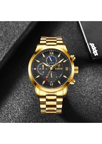 Altın Siyah Lıge Saatler Erkek Üst Marka Lüks Quarzt Saat Rahat 24 Saat Ay Evreleri Erkekler Izle Spor Su Geçirmez Saatler Relogio Masculino (Yurt Dışından) indirimleri