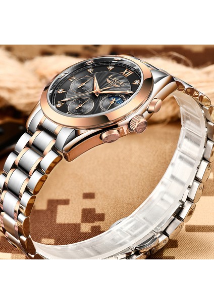 Gül Altın Siyah Lıge Moda Lüks Kuvars Erkek Saat Rahat Spor Iş Erkekler Için Saat Su Geçirmez Askeri Saat Adam Chronograph Reloj Hombre (Yurt Dışından)