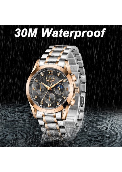 Gül Altın Siyah Lıge Moda Lüks Kuvars Erkek Saat Rahat Spor Iş Erkekler Için Saat Su Geçirmez Askeri Saat Adam Chronograph Reloj Hombre (Yurt Dışından)