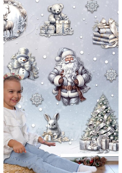 Silver Yılbaşı Seti, Yeni Yıl Yılbaşı Kış Konseptli Yılbaşı Süsü Sticker Seti Noel Baba Ağaçlar