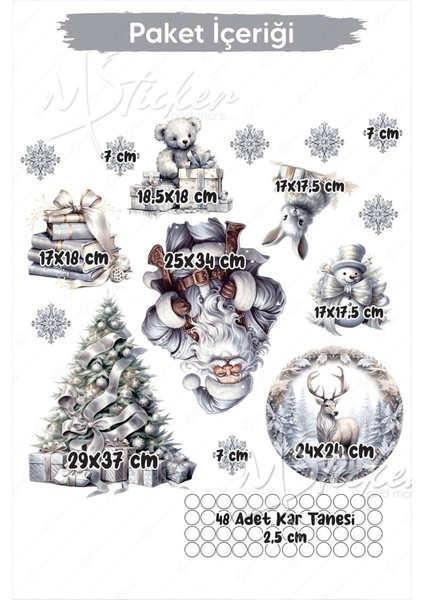 Silver Yılbaşı Seti, Yeni Yıl Yılbaşı Kış Konseptli Yılbaşı Süsü Sticker Seti Noel Baba Ağaçlar modelleri