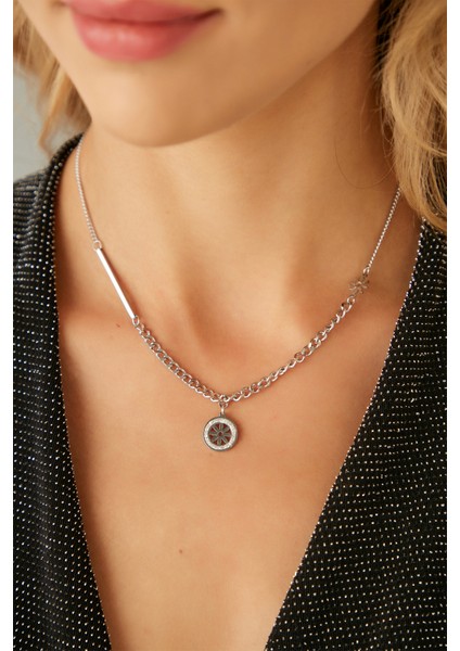 Kadın Bellezzaazzurra Çelik Model Gümüş Kaplama Su Yolu Gerdanlık Zincirli Zirkon Taşlı Güneş Kolye