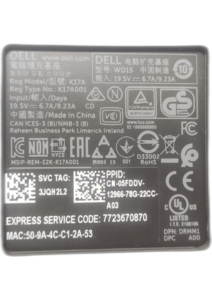WD15 Dock 130W 452-BCCQ 0F74NK JDV23 5fddv K17A Usb-C Type-C 4K - Outlet