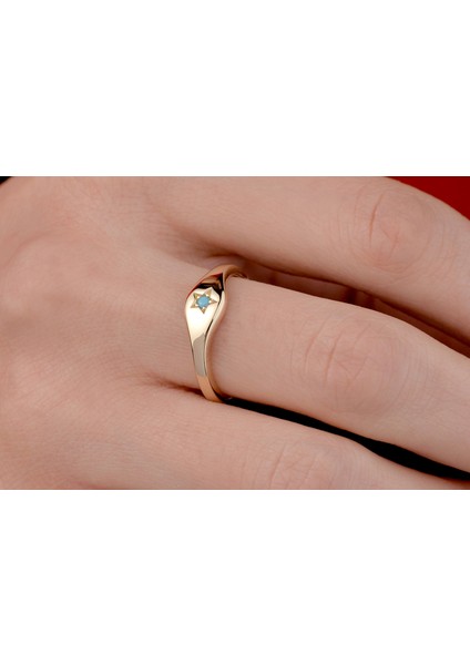 Turkuaz Taşlı Minimal Şövalye Yüzük 14 Ayar Altın