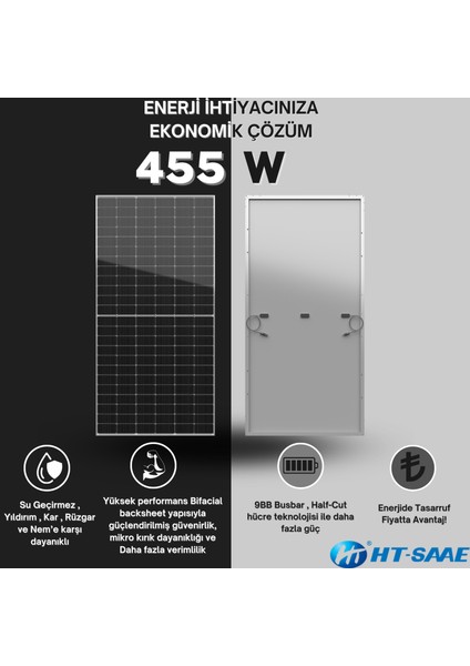 HT-SAAE HT72-166M 455WP Ekonomik Güneş Paneli Half-Cut Monokristal Yüksek Verimli Düşük LID ve PERC Hücresi 9 Busbar