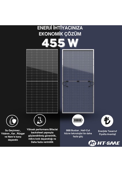 HT-SAAE HT72-166M Transparan 455 Wp Ekonomik Güneş Paneli Half-Cut Monokristal Yüksek Verimli Düşük LID Bifacial Hücre