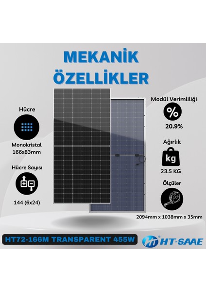 HT-SAAE HT72-166M Transparan 455 Wp Ekonomik Güneş Paneli Half-Cut Monokristal Yüksek Verimli Düşük LID Bifacial Hücre