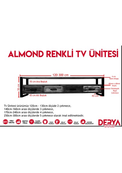 Almond Doğal Ahşap Renkli Çekmeceli Tv Ünitesi -120 x 45 x 55  cm -Ceviz Renk