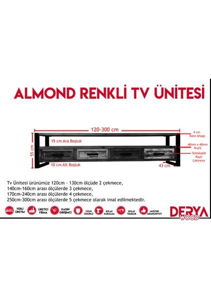Almond Doğal Ahşap Çekmeceli Tv Ünitesi -200 x 45 x 55 cm -Ceviz Renk indirimleri